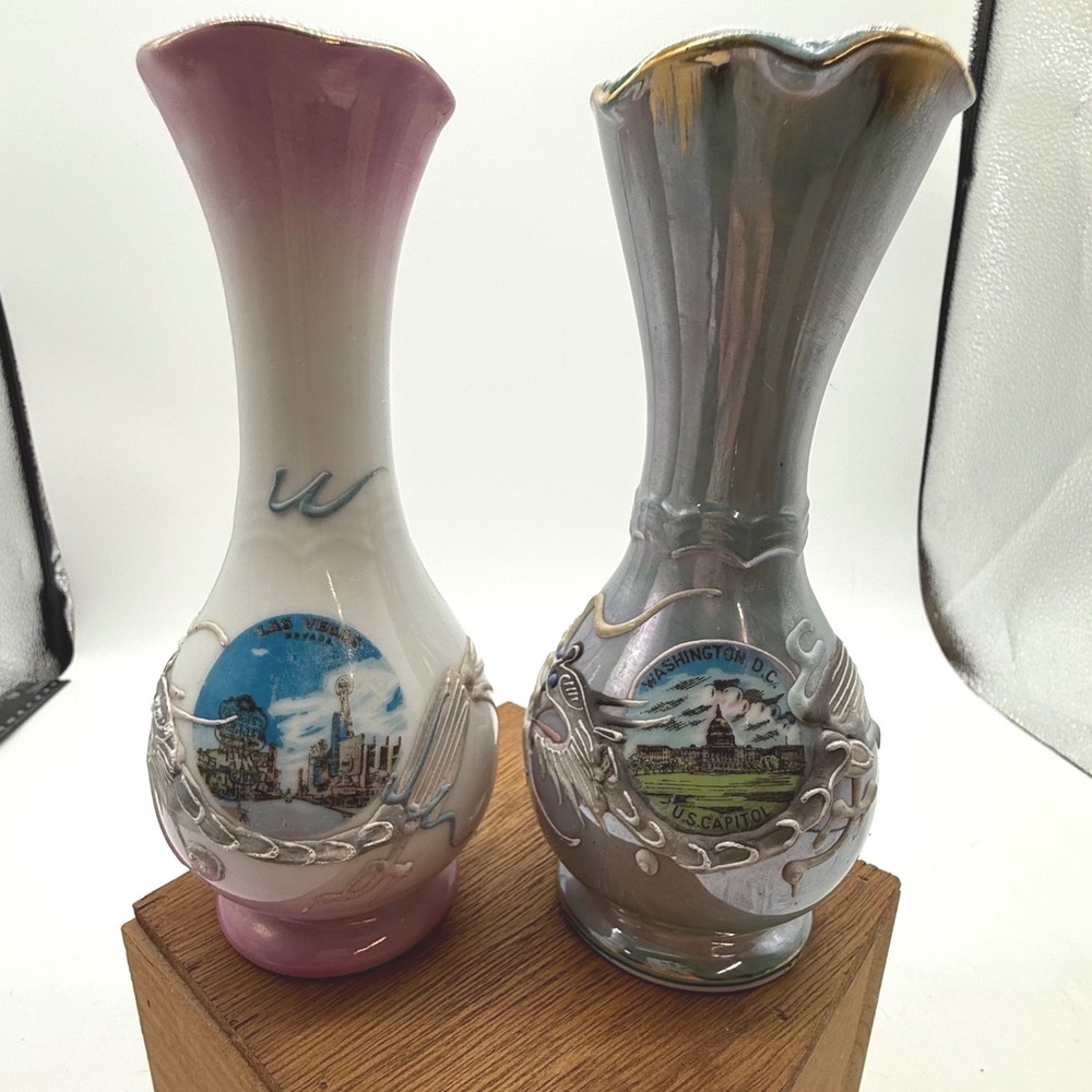 Vintage Vegas & DC Moriage Dragon Souvenir Bud Vase Lusterware Set Mid century